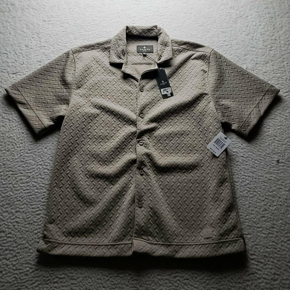 Saints Studio Shirt Mens Medium Beige Geometric Short Sleeve Button Up Knit